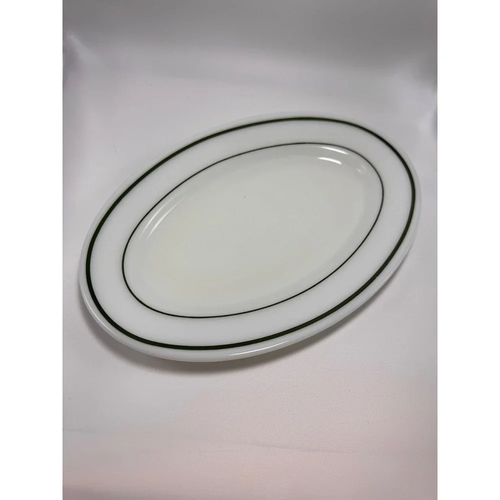 Vintage Pyrex Corning Emerald Band Milk Glass Oval Platter 793-27 White Green